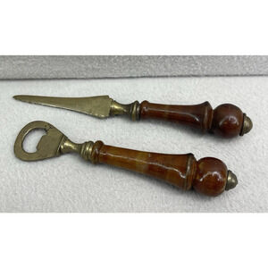 VTG Brass & Wood Bottle Opener Letter Opener Set Nautical Barware Decor
